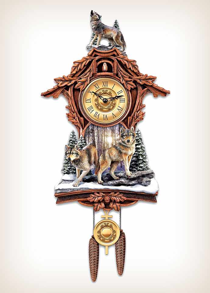Sentinels Of The Forest Sculpted Wolf Cuckoo Clock