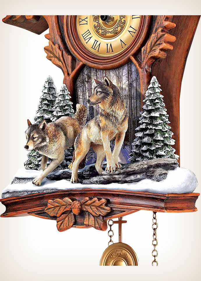 Woodland Forest Wolf Native Rustic Wooden Cuckoo Clock NEW 